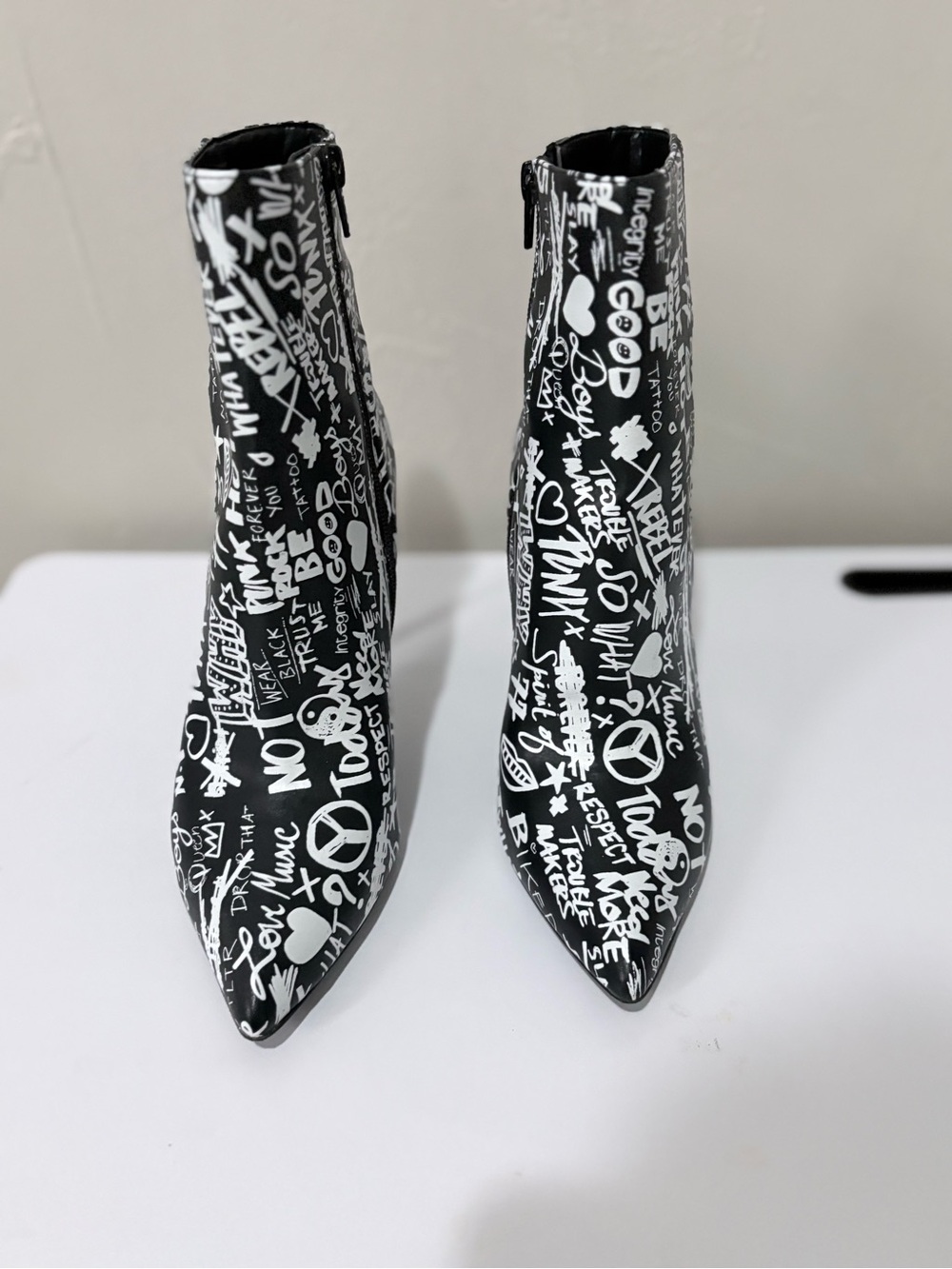 Aldo Black and White Graffiti Pointed Ankle Boots